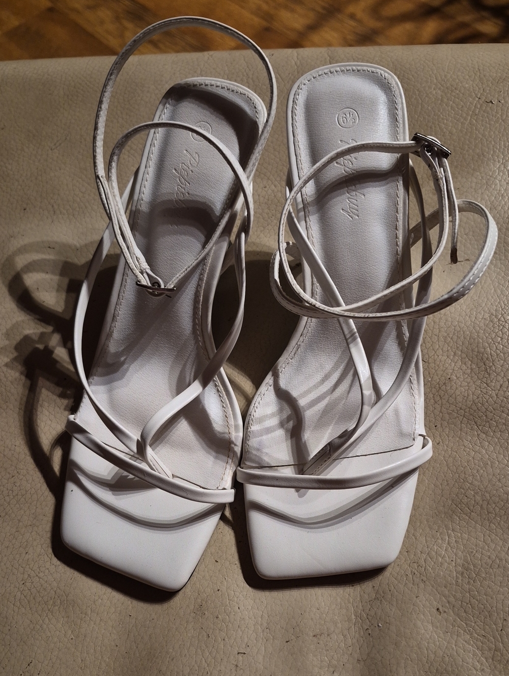Strappy White Square-Toe Heeled Sandals